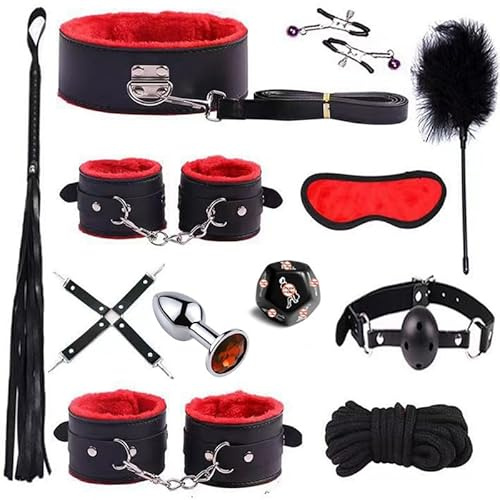 QiKKago BDSM Bondage Multi Funzionale 12 Pezzi Set di Black Dade Liscia Pelle Regolabile Accessori Sportivi, Attrezzature di Allenamento di Resistenza, Regalo di Coppia - K + 1
