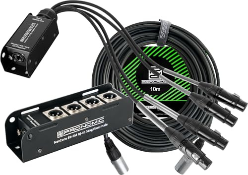 Pronomic NetCore SB-3M/SP-3F 10m Set - Sistema Multicore Audio a 4 Canali - Stagebox con 4 Prese XLR & RJ45 - Pigtail con 4 Connettori XLR & RJ45 - Incluso Cavo di Rete CAT5e da 10 m - Nero