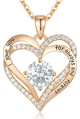 Mothers Day Gifts Forever Love Heart Necklaces for Women, Wedding Anniversary, Birthday Valentine's Mothers Day Christmas Day Gifts for Mom, Mother, Wife, friend, S925 Silver Jewelry with Birthstone Pendant(Sterling Silver,Rose Gold-04-Apr)