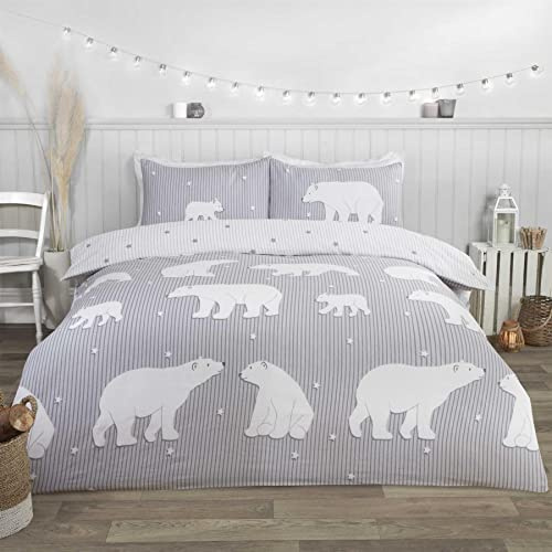 Rapport Polar Bear 100% Brushed Cotton Single Duvet Cover Set Reversible Bedding Grey,124025835