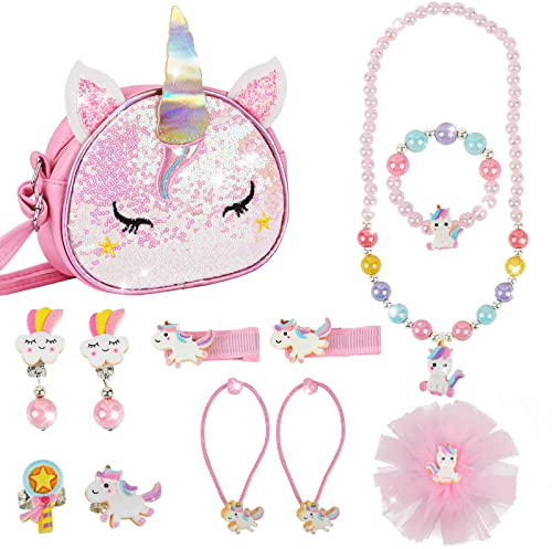 Barn Handväska med Smycken Set, MEOWMEE 12 st Flickor Väska med Barn Smycken Halsband Armband Ringar Örhängen med Hårtillbehör Hårklipp Hårband Party Dress Up för flickor Födelsedagsgåva
