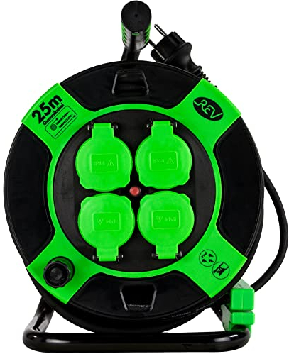 REV Kabeltrommel EX, 25m, H05RR, IP44, 3000W, Verlängerungskabel, Aussenbereich, 4 Steckdosen, Thermoschalter, grün