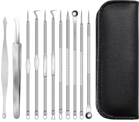Set di 11 pezzi per rimuovere punti neri, in acciaio inox, per rimuovere l'acne, per rimuovere i punti neri, per schiacciare i brufoli, per pori
