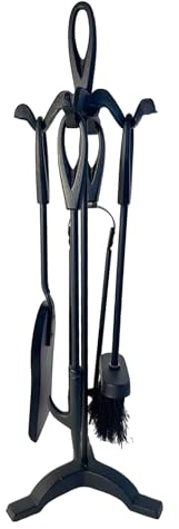 Kaminbesteck-Set aus Metall, mit schwarzem Schlaufengriff, inkl. Ständer, Bürste, Zange, Schürhaken und Schaufel, 60 cm hoch, Holzofen-Set, Kaminwerkzeuge, Zubehör