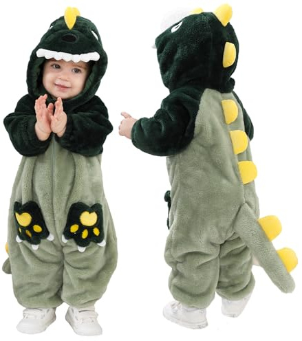 LOLANTA Costume da Drago Dinosauro Unisex per Bambino, Tutina Animale in Peluche Monopezzo con Cappuccio per Bambino, 12-18 mesi, Tag 80
