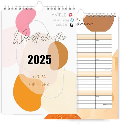 DMHSGIFT Planer für Zwei 2025 Familienplaner 3 Spalten,Okt-Dez 2024 Wandkalender und 2025 Paarkalender 21x30cm,Familienkalender 2025 mit Sticker, Urlaubstage, Schulferien