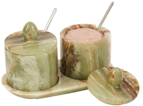 Bodega de sal de mármol con tapa y bandeja, recipiente de sal hecho a mano de ónix verde de 4 pulgadas, juego de 2 tarros de condimentos, contenedor de almacenamiento de especias para encimera de