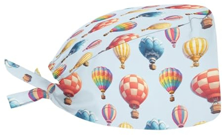 Frestree Hot Air Balloon Scrub Cap for Women Men Unisex, Cartoon Balloon Working Hat with Adjustable Tie Back Hat, Colorful Balloons One Size Durable Bouffant Hair Cover Headwear