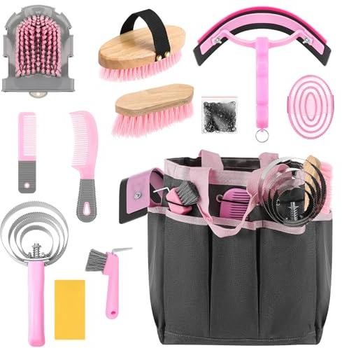 Abbylike 12 Piece Horse Grooming Kit with Organizer Tote Bag Brush Sets for Derby Day Show Horses Professional Tools for Care & Massage(Pink and Grey)