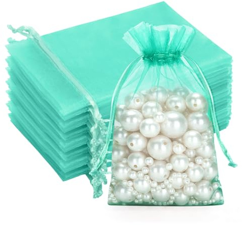 G2PLUS Turquoise Green Organza Gift Pouches 10x15 cm: Medium Favor Bags | 50 PCS Wedding Jewelry Bags, Clear Mesh Pouches Perfect for Wedding, Christmas, Birthday, Anniversary