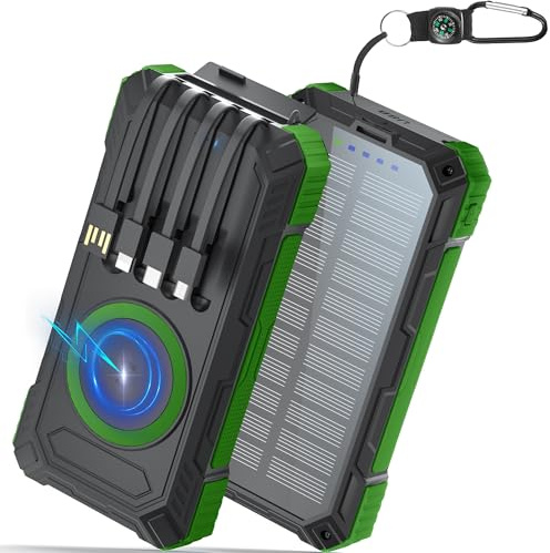 56800mAh Power Bank Solare con 4 Cavi:30WPD Caricabatterie Portatile Solare Ricarica Rapida,Power Bank Senza fil con Torcia LED | Bussola, 6 Uscite 3 Ingressi per Smartphones,Tablets