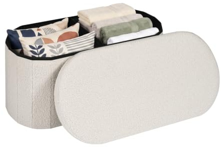 PINPLUS Oval Storage Bench Folding Ottoman Boucle Cream White, 76x38x38 cm