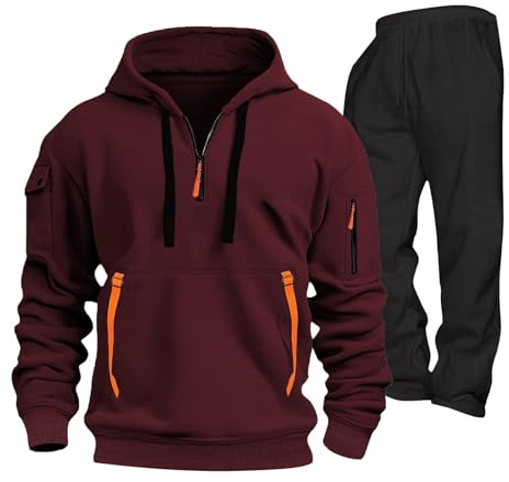 Y2K Y2K - Tuta sportiva da uomo, con tasche, set da 2 pezzi, felpa con cappuccio e pantaloni della tuta a gamba dritta, stile outdoor per atletica, stile streetwear Y2K, vino, XL
