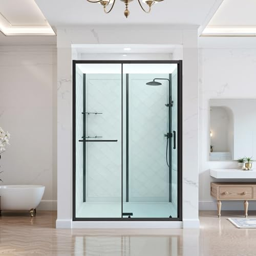 VEVOR Shower Enclosure, 36 in. D x 48 in. W x 79.1 in. H, Framed Sliding Shower Door with 1/4 in. Clear Tempered Glass, Complete Bathroom Alcove Stall with Non-Slip Base Kit & Triple-Sided Wall Panels