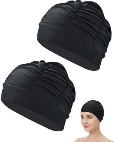 YIPFEN 2 Pezzi Cuffia da bagno Elastica, Cuffia da nuoto in tessuto di poliestere confortevole, Passamontagna da piscina elegante per capelli lunghi donna uomo bambino