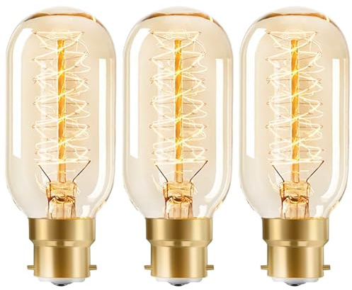 Zehouse 40W Vintage Edison B22 Bayonet Light Bulb, Warm White 2200K-2400K, Amber Tinted Glass, Spiral Filament, T45 Tube Spiral Decorative Dimmable for Bar Light, 3 Pack