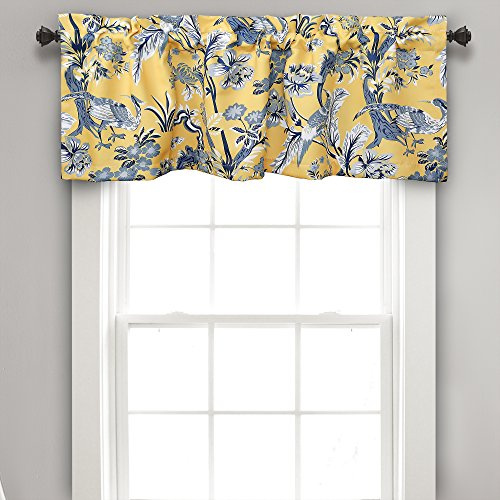 Lush Decor Dolores Light Filtering Window Curtain Valance, 52 W x 18 L, Yellow - Toile Curtains - Bold Blue And Yellow Valance - Bird & Floral Print - Cottage, Maximalist & French Country Home Decor