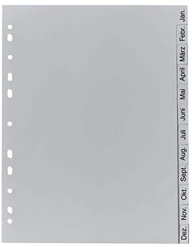 Exacompta 1812B - Separadores de polipropileno gris - 12 teclas impresas de enero a diciembre en alemán - adecuado para la clasificación de documentos en formato A4 - Polipropileno reciclado
