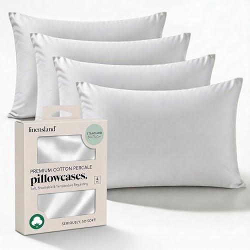 linensland® - 4 Pack Egyptian Cotton Pillow Cases - 250 Thread Count, Premium Hotel Quality, Soft & Breathable, Envelope Closure Pillowcases - Standard Size (50x75 cm), White