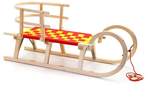 HolzFee Baran S 110 RG Hörnerschlitten mit Gurtsitz Rot - Gelb mit Lehne und Leine
