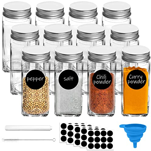 12 x Gewürzgläser aus Glas mit Deckel, 118 ml Gewürz-Vorratsgläser, Gewürzbehälter, 120 ml Küche, quadratische Gewürz-Organisationsflaschen mit Etiketten, Shaker-Deckel, Trichter, Pinsel, Marker
