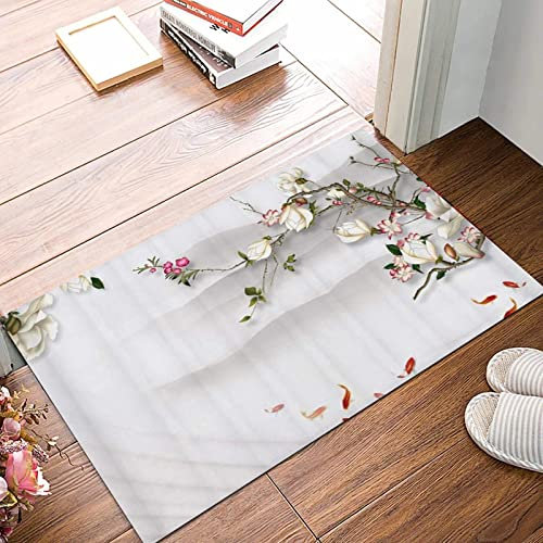 Weich Badezimmerteppich 50x80 cm,Pflaumen-chinesische Kunst-Blumen-Aquarell-dekorative Goldfisch-Gruppe,,Rutschfest waschbar Badematte, Badteppich Mikrofaser Saugfähig Badvorleger Duschvorleger