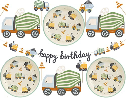 Set di stoviglie decorative da cantiere, veicoli, stoviglie per feste di compleanno per bambini, ghirlanda, Happy Birthday Caketopper, piatti, tovaglioli, cantiere, compleanno per bambini