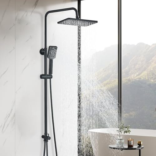 Cesinkin Noir Colonne de Douche avec Douchette Ensemble de Douche Réglables Robinet Douche avec Tête de Douche Carrée 29 * 19cm Acier Inoxydable