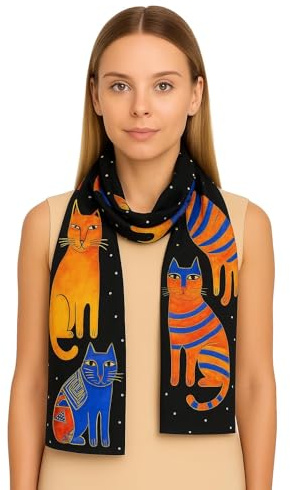 Genérico Pañuelo Grande estampado Gatos pintura artística 2 lados diferentes elegante 4 estaciones 170x63cm. (Negro-Naranja)