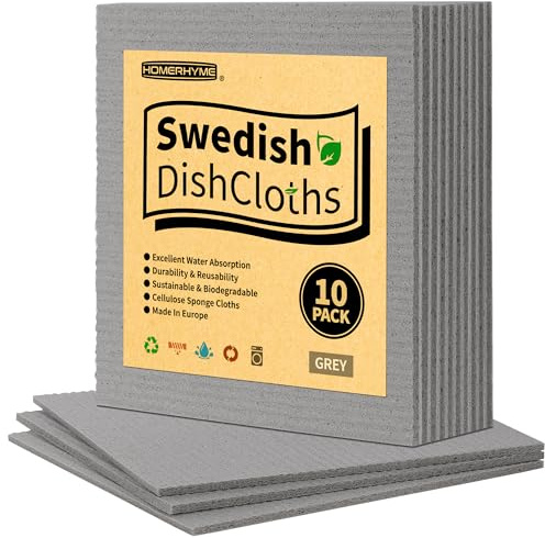 HOMERHYME Swedish Dishcloths, 10 Pack Absorbent Dish Towels for Kitchen, Multipurpose Cellulose Sponge Cloths, Reusable Washable Towels for Home & Kitchen, Grey