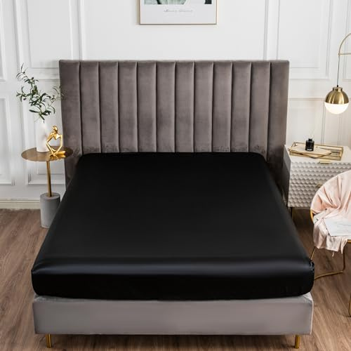Morbuy Double Fitted Sheet Satin Silk Bed Sheets, Black Fitted Sheets Deep Pocket 30 cm, Easy Care Ultra Soft Silky Fitted Bedsheets Good for Skin & Hair