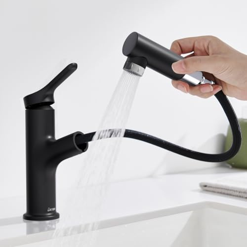 DETBOM Wasserhahn Bad mit Ausziehbarer Brause, 2-Strahl-Armatur, Einhebelmischer Waschbecken, Warm-Kalt-Mischbatterie, Schwarz