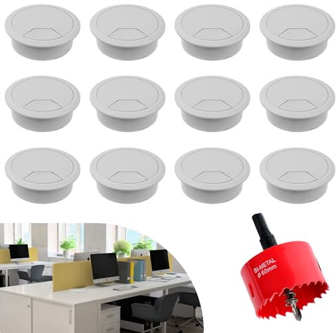 12 Pasacables Escritorio, Ø60mm Pasacables, Pasacables Mesa con Cubierta de Agujero, Pasacables Mesa Oficina Plata, Embellecedor Agujero Mesa, Cables Mesa Pasacables Redondos para USB Alambre, Cable
