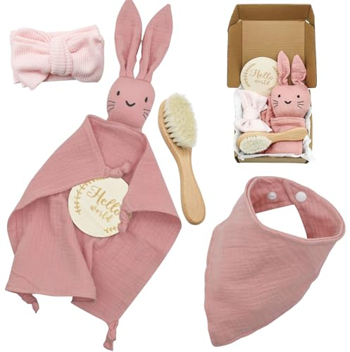 YTACREA Coffret Cadeau Naissance Bébé, Doudou Lapin pour Fille et Garcon, Cadeaux pour Nouveaux avec Bavoir, Bandana, Brosse, Carte Etape (Rouge)