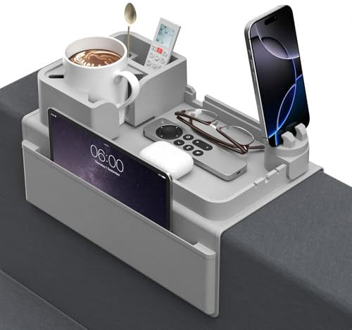 Couch Cup Holder - Anti-Slip Sofa Armrest Tray with Dual Side Pockets - Silicone Anti-Spill Sofa Drink Holder Arm with Phone Holder - Couch Arm Tray for Cup, Phone, Tablet, Remote Control Snack - Gray