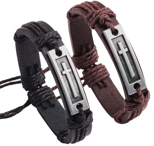 Colexy Bracciale Uomo, Braccialetto Uomo In Pelle, Bracciale in Vera Pelle con Crocifisso di Gesù Cristo, Bracciali Personalizzato Regalo per Fidanzato, Marito, Padre (A)
