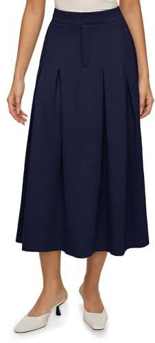 REORIA Women Solid Color Midi Pleated Skirt Ladies Long A-Line Skirts with Elasticated Waist Navy Blue XL