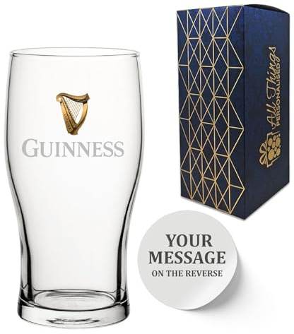 Bicchiere da pinta Guinness classico, con incisione di qualsiasi messaggio, personalizzabile per ogni occasione, in confezione regalo, contiene fino a 570 ml