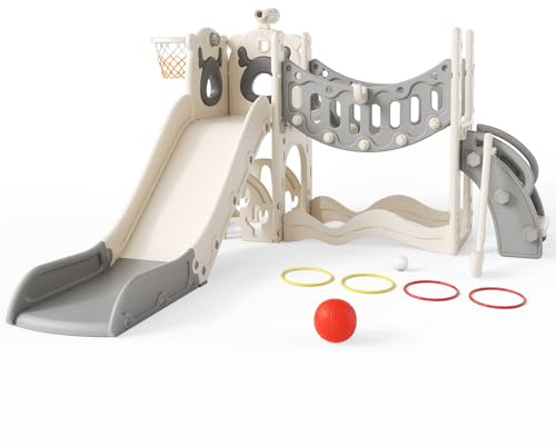 Tobogán para niños con aro de Baloncesto, tobogán temático de Alce, Parque Infantil Interior y Exterior, Kit de Juego de Escalada Independiente con tobogán para bebés (Beige Gris-8 en 1)