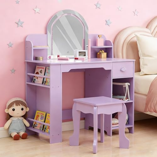 Aptliton Kids Vanity Set with LED Mirror,Makeup Desk with 1 Drawers &,2 Open Shelves,Kids Makeup with Bookshelf, Drawer & Open Shelves for Girls,Purple