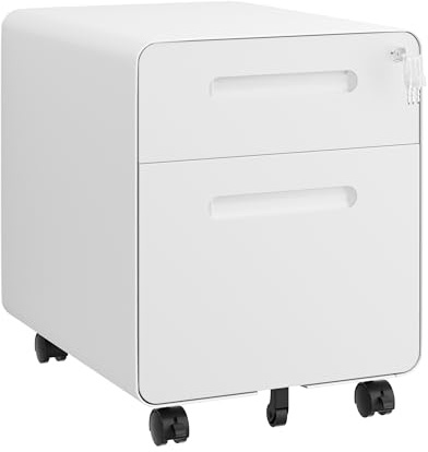 HOMSTEEL Armoire de classement mobile à 2 tiroirs avec serrure en acier, entièrement assemblée sauf roulettes, pour bureau à domicile, pour A4, lettres, dossiers juridiques, blanc