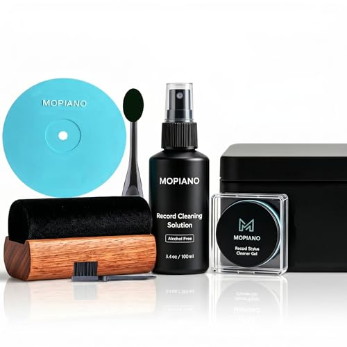 Mopiano Vinyl Record Cleaning Kit|7 in1 Vinyl Record Cleaner for LP Albums|Includes:Sapele Wood Velvet Brush,Cleaning Liquid,Stylus Brush,Stylus Cleaner Pad,Nylon Brush,Label Protector & Storage Box