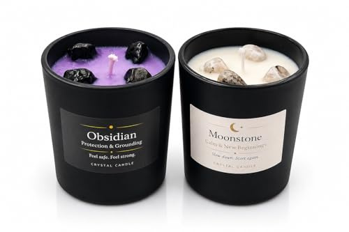 2 Velas Aromática de Soja con Piedra Luna y Obsidiana Natural – Velas Perfumadas de Jazmín y Lavanda – Vela Decorativa para Relax, Meditación y Regalo Original
