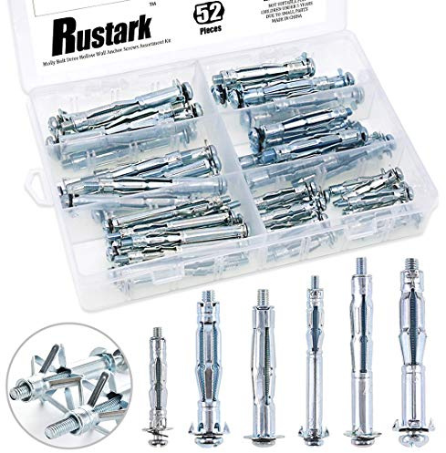 Rustark 52-Pcs 6 Sizes Heavy Duty Zinc Plated Steel Molly Bolt Drive Hollow Wall Anchor Screws Assortment Kit for Drywall Sheetrock
