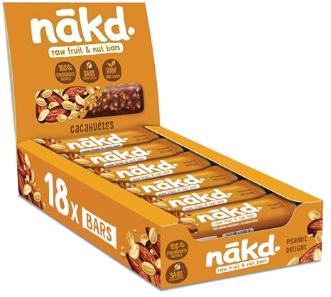 Nākd. Peanut Delight - Barritas Raw de Fruta y Frutos Secos - 100% Ingredientes Naturales - Sin Azúcar Añadido - 18 x 35g