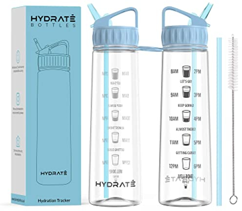 HYDRATE 900ml Trinkflasche mit Zeitmarkierungen - Sport Wasserflasche mit Strohhalm, BPA-freie Trinkflasche Strohhalm aus Tritan ideal für Gym, Büro, Wandern, Fitness, Sportflasche (Himmelblau)