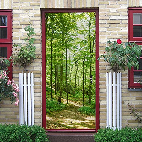 A.Monamour Pegatinas Decorativas de Puerta Autoadhesivo 3D Árboles Verdes Naturaleza Bosque Paisaje Vinilo para Puertas Mural PVC Pegatinas de Pared Foto Poster 77 x 200 cm