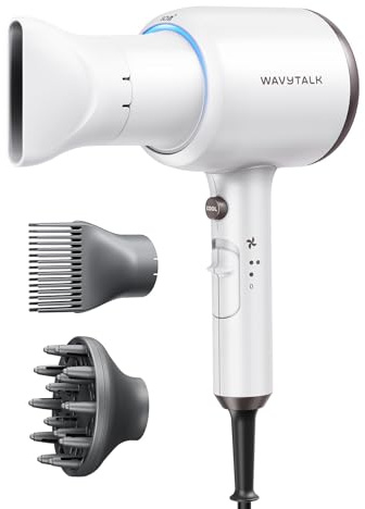 Wavytalk Hair Dryer, Blown Away Ionic Hair Dryer for Curly Hair with Diffuser, 1875W Fast Drying Blow Dryer with Ceramic Technology, 3 Attachments for All Hair Types, Light and Quiet, White