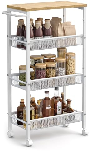 VASAGLE Carro de 4 Niveles, Carro Estrecho de Cocina con Ruedas, con Asa, para Espacio Reducido, 22 x 45,4 x 77 cm, para Cocina, Baño, Salón, Estudio, Roble Beige y Blanco LRC033W09