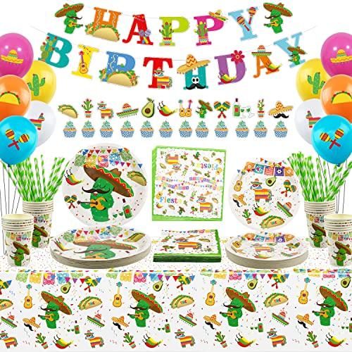 LSJDEER 226 Stück mexikanisches Partyzubehör – Pappteller, Becher, Servietten, Strohhalme, Luftballon, Tischdecke, Happy Birthday-Banner für Cinco de Mayo, für 24 Personen